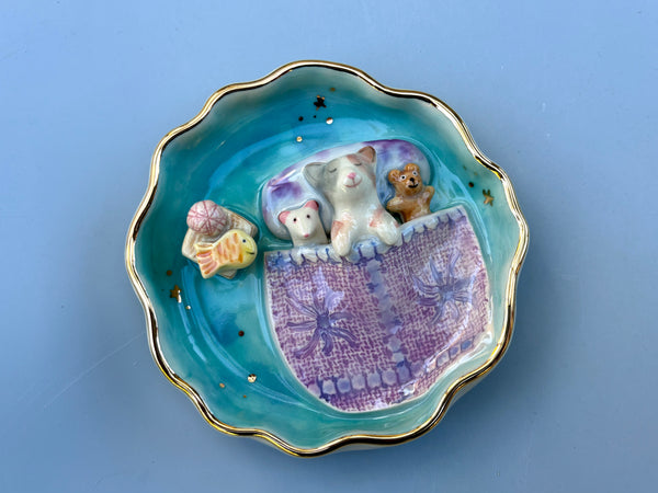 Kitten Sweet Dreams Jewelry Holder, Turquoise Ceramic Trinket Dish with Gold Accent
