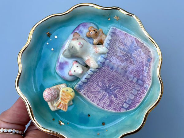 Kitten Sweet Dreams Jewelry Holder, Turquoise Ceramic Trinket Dish with Gold Accent