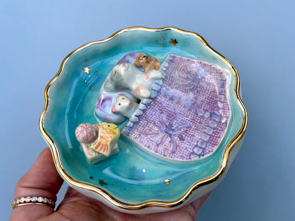 Kitten Sweet Dreams Jewelry Holder, Turquoise Ceramic Trinket Dish with Gold Accent