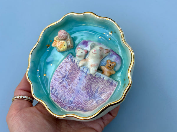 Kitten Sweet Dreams Jewelry Holder, Turquoise Ceramic Trinket Dish with Gold Accent