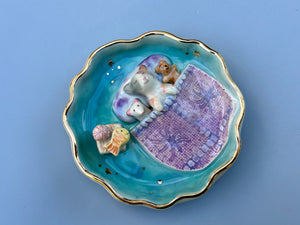 Kitten Sweet Dreams Jewelry Holder, Turquoise Ceramic Trinket Dish with Gold Accent