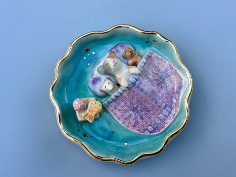 Kitten Sweet Dreams Jewelry Holder, Turquoise Ceramic Trinket Dish with Gold Accent