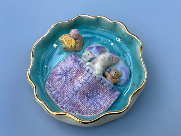 Kitten Sweet Dreams Jewelry Holder, Turquoise Ceramic Trinket Dish with Gold Accent