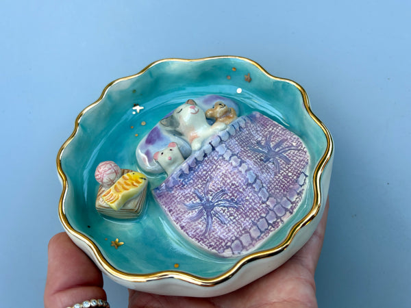 Kitten Sweet Dreams Jewelry Holder, Turquoise Ceramic Trinket Dish with Gold Accent