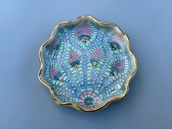 Peacock Lace Ceramic Jewelry Holder, Ceramic Dish with Gold Accents