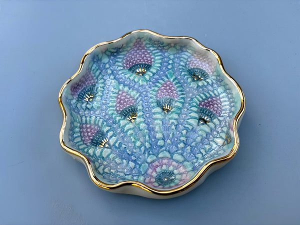Peacock Lace Ceramic Jewelry Holder, Ceramic Dish with Gold Accents