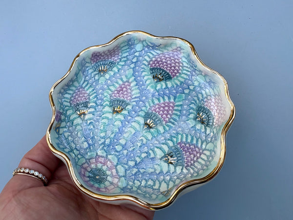 Peacock Lace Ceramic Jewelry Holder, Ceramic Dish with Gold Accents