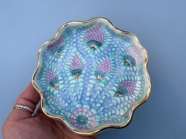 Peacock Lace Ceramic Jewelry Holder, Ceramic Dish with Gold Accents