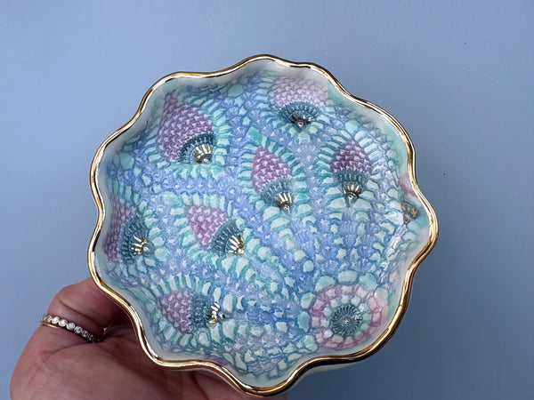 Peacock Lace Ceramic Jewelry Holder, Ceramic Dish with Gold Accents