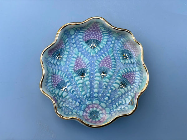 Peacock Lace Ceramic Jewelry Holder, Ceramic Dish with Gold Accents