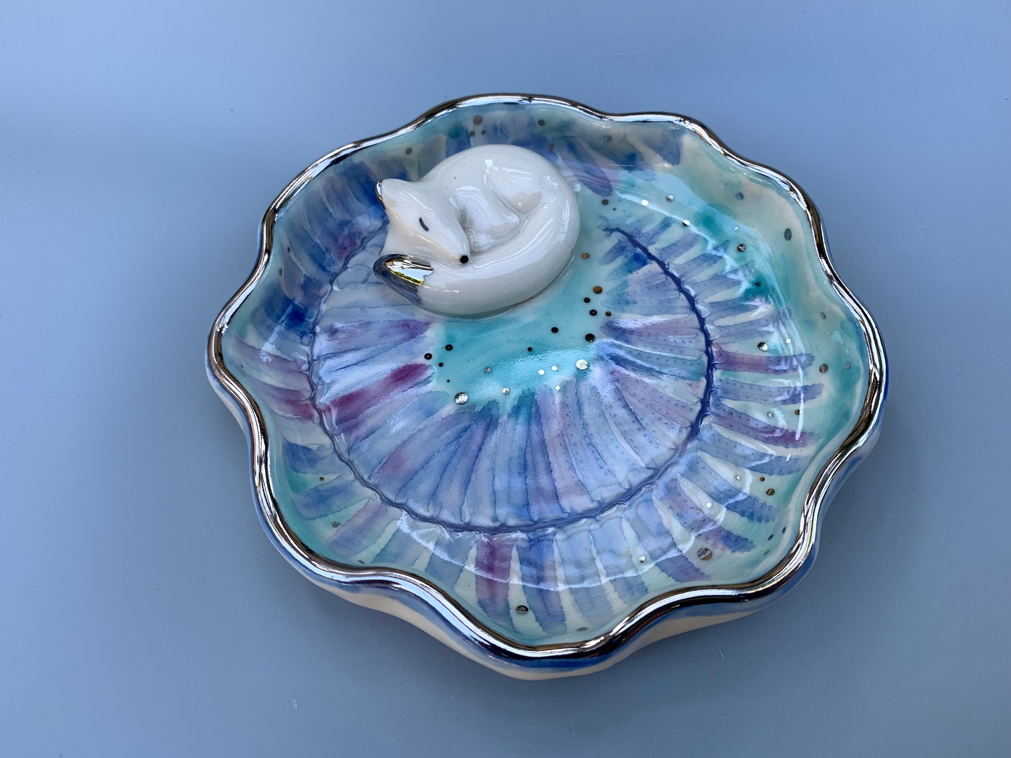 Sleeping Arctic Fox with Frozen Blue Fern Ceramic Dish, Jewelry Holder