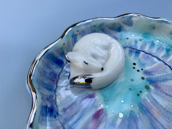 Sleeping Arctic Fox with Frozen Blue Fern Ceramic Dish, Jewelry Holder