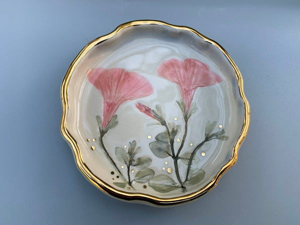 Pink Petunia Flower Jewelry Dish, Ceramic with Gold Accent