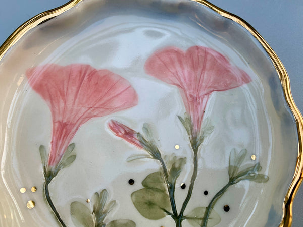 Pink Petunia Flower Jewelry Dish, Ceramic with Gold Accent