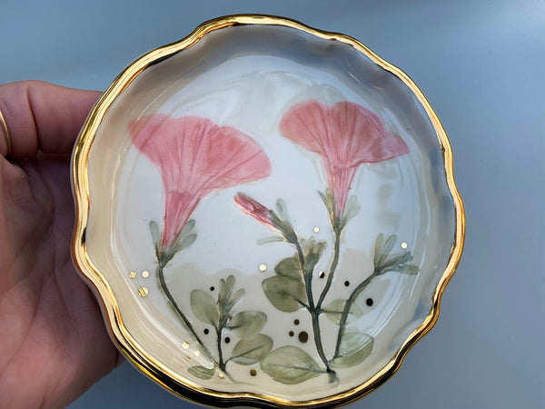 Pink Petunia Flower Jewelry Dish, Ceramic with Gold Accent