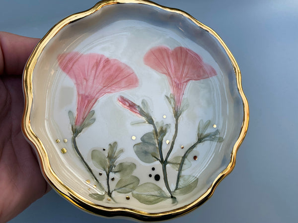 Pink Petunia Flower Jewelry Dish, Ceramic with Gold Accent