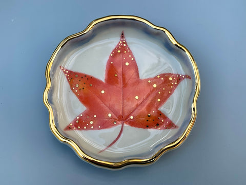 Autumn Leaf Ceramic Jewelry Dish, Colorful Fall Leaf with Gold Accent - Vuvu Ceramics