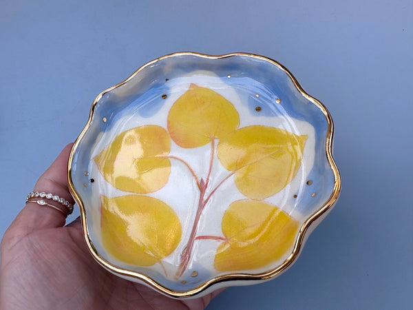 Golden Aspen Ceramic Jewelry Dish, Colorful Fall Leaves with Gold Accent