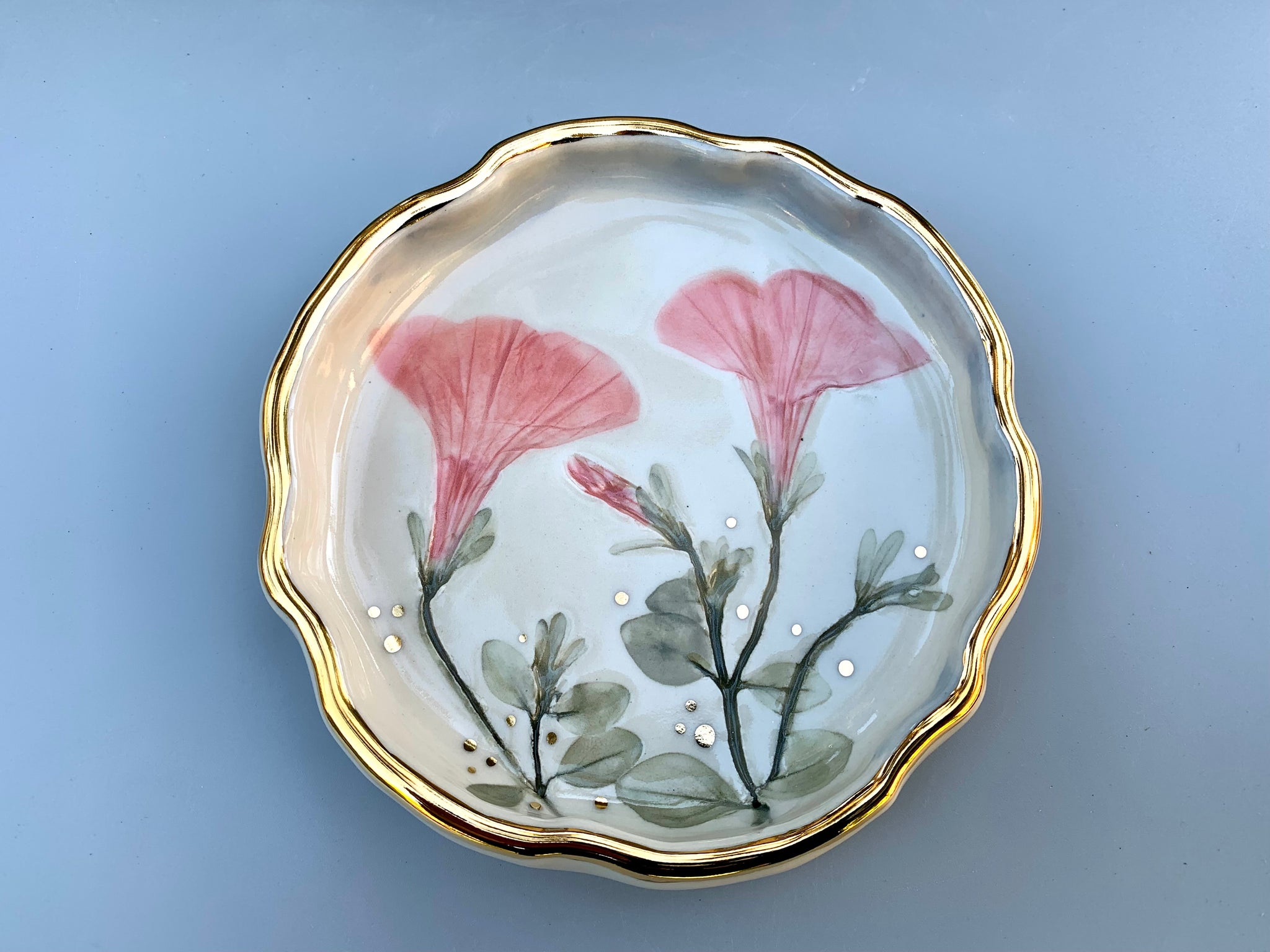 Pink Petunia Flower Jewelry Dish, Ceramic with Gold Accent