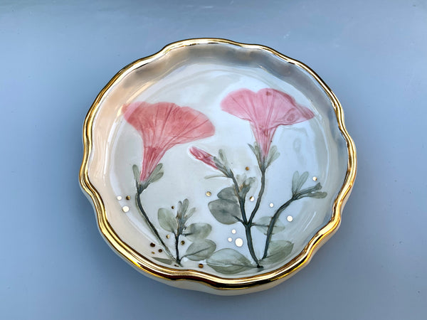Pink Petunia Flower Jewelry Dish, Ceramic with Gold Accent