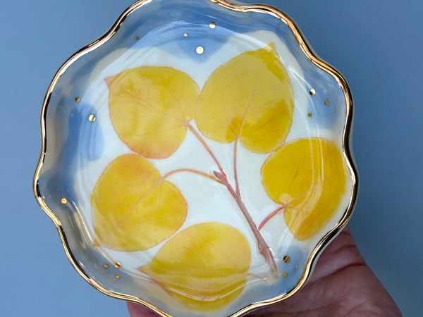 Golden Aspen Ceramic Jewelry Dish, Colorful Fall Leaves with Gold Accent