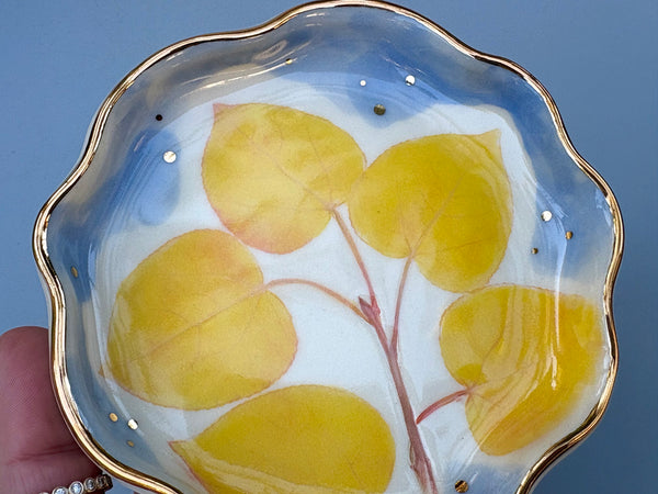 Golden Aspen Ceramic Jewelry Dish, Colorful Fall Leaves with Gold Accent