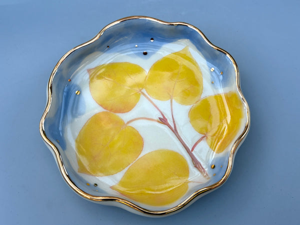 Golden Aspen Ceramic Jewelry Dish, Colorful Fall Leaves with Gold Accent