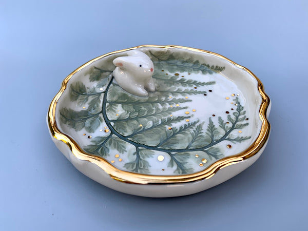 Bunny on Sparkling Fern Jewelry Dish, Ceramic with Real Gold