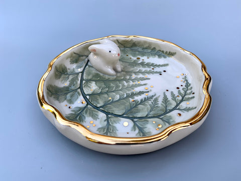 Bunny on Sparkling Fern Jewelry Dish, Ceramic with Real Gold
