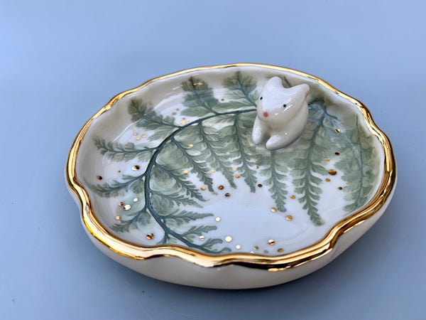 Bunny on Sparkling Fern Jewelry Dish, Ceramic with Real Gold