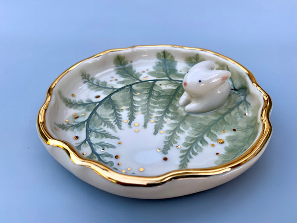 Bunny on Sparkling Fern Jewelry Dish, Ceramic with Real Gold