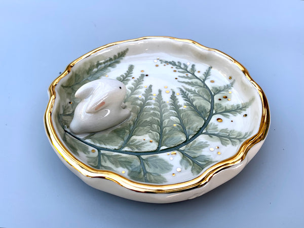 Bunny on Sparkling Fern Jewelry Dish, Ceramic with Real Gold