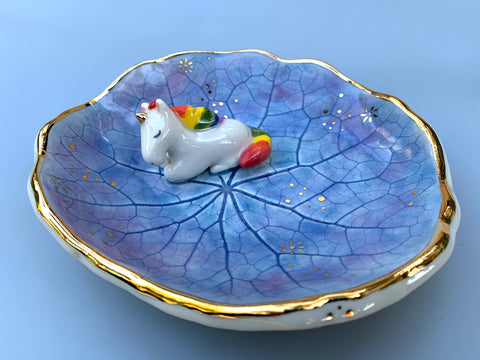 Large Unicorn Jewelry Holder, Ceramic Leaf Trinket Dish with Gold Accent