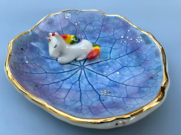 Large Unicorn Jewelry Holder, Ceramic Leaf Trinket Dish with Gold Accent