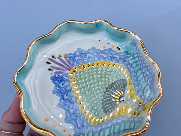 Scottish Thistle Lace Jewelry Holder, Ceramic Jewelry Dish with Gold Accents