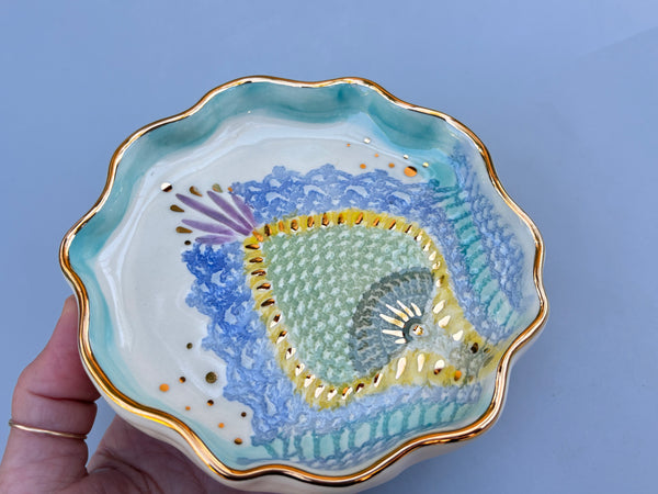 Scottish Thistle Lace Jewelry Holder, Ceramic Jewelry Dish with Gold Accents