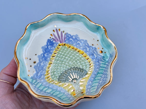 Scottish Thistle Lace Jewelry Holder, Ceramic Jewelry Dish with Gold Accents