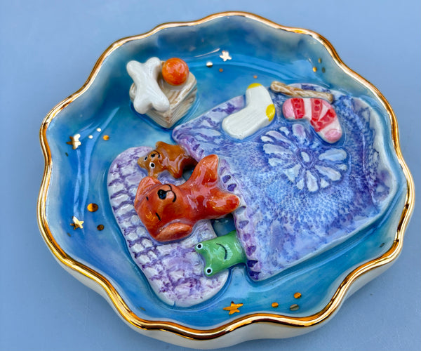 Golden Retriever Sweet Dreams Jewelry Holder, Blue Ceramic Trinket Dish with Gold Accent