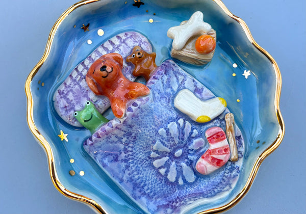 Golden Retriever Sweet Dreams Jewelry Holder, Blue Ceramic Trinket Dish with Gold Accent
