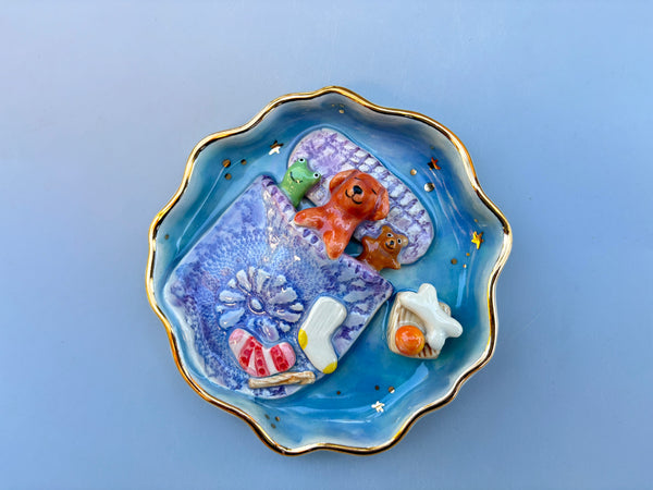 Golden Retriever Sweet Dreams Jewelry Holder, Blue Ceramic Trinket Dish with Gold Accent