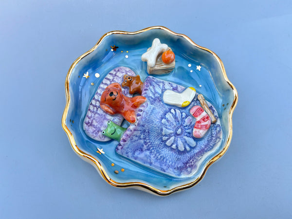 Golden Retriever Sweet Dreams Jewelry Holder, Blue Ceramic Trinket Dish with Gold Accent