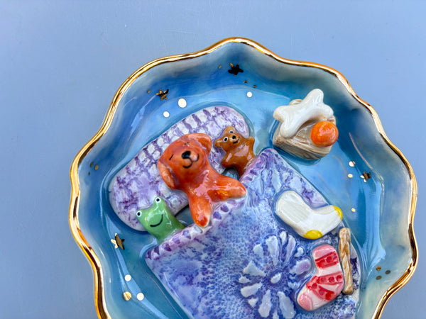 Golden Retriever Sweet Dreams Jewelry Holder, Blue Ceramic Trinket Dish with Gold Accent