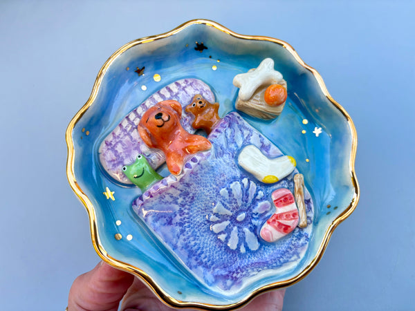 Golden Retriever Sweet Dreams Jewelry Holder, Blue Ceramic Trinket Dish with Gold Accent