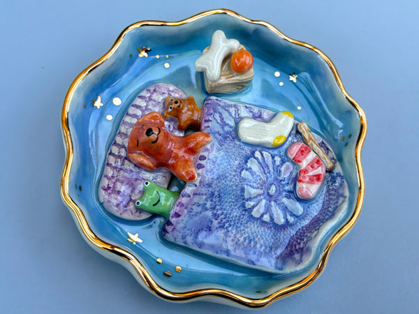 Golden Retriever Sweet Dreams Jewelry Holder, Blue Ceramic Trinket Dish with Gold Accent