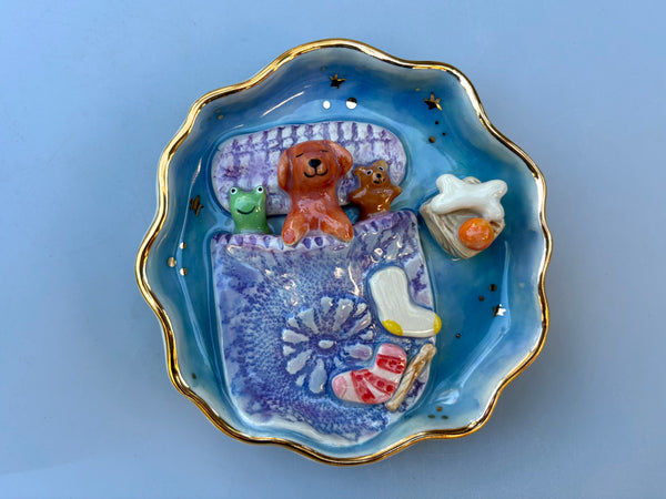 Golden Retriever Sweet Dreams Jewelry Holder, Blue Ceramic Trinket Dish with Gold Accent