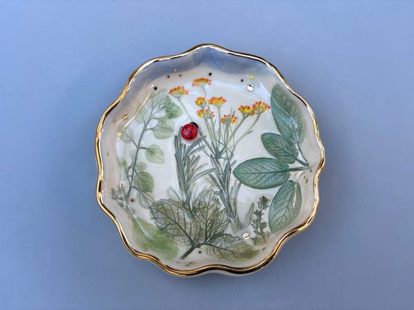 Ladybug with Herb Garden Jewelry Holder, Ceramic Dish with Gold Accents - Vuvu Ceramics
