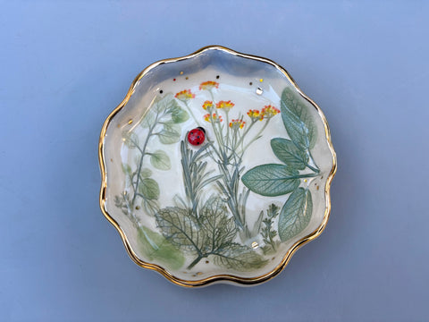 Ladybug with Herb Garden Jewelry Dish, Ceramic with Gold Accent