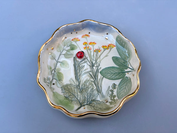 Ladybug with Herb Garden Jewelry Holder, Ceramic Dish with Gold Accents - Vuvu Ceramics