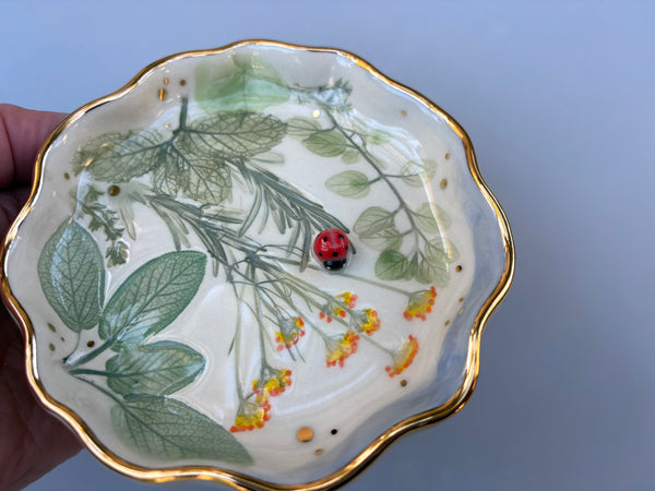 Ladybug with Herb Garden Jewelry Holder, Ceramic Dish with Gold Accents - Vuvu Ceramics