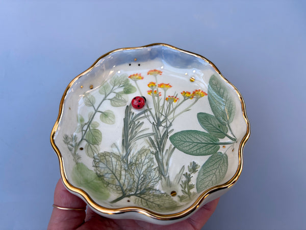 Ladybug with Herb Garden Jewelry Holder, Ceramic Dish with Gold Accents - Vuvu Ceramics